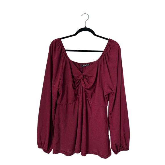 Kojooin Top Size 2XL Burgundy Twist Front Boho Peasant Baby Doll Balloon Sleeve - Picture 1 of 10
